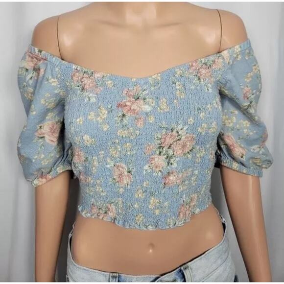 American Eagle Floral Pattern Shirred Crop Top Cotton/Linen Blend Size XL - Picture 2 of 10